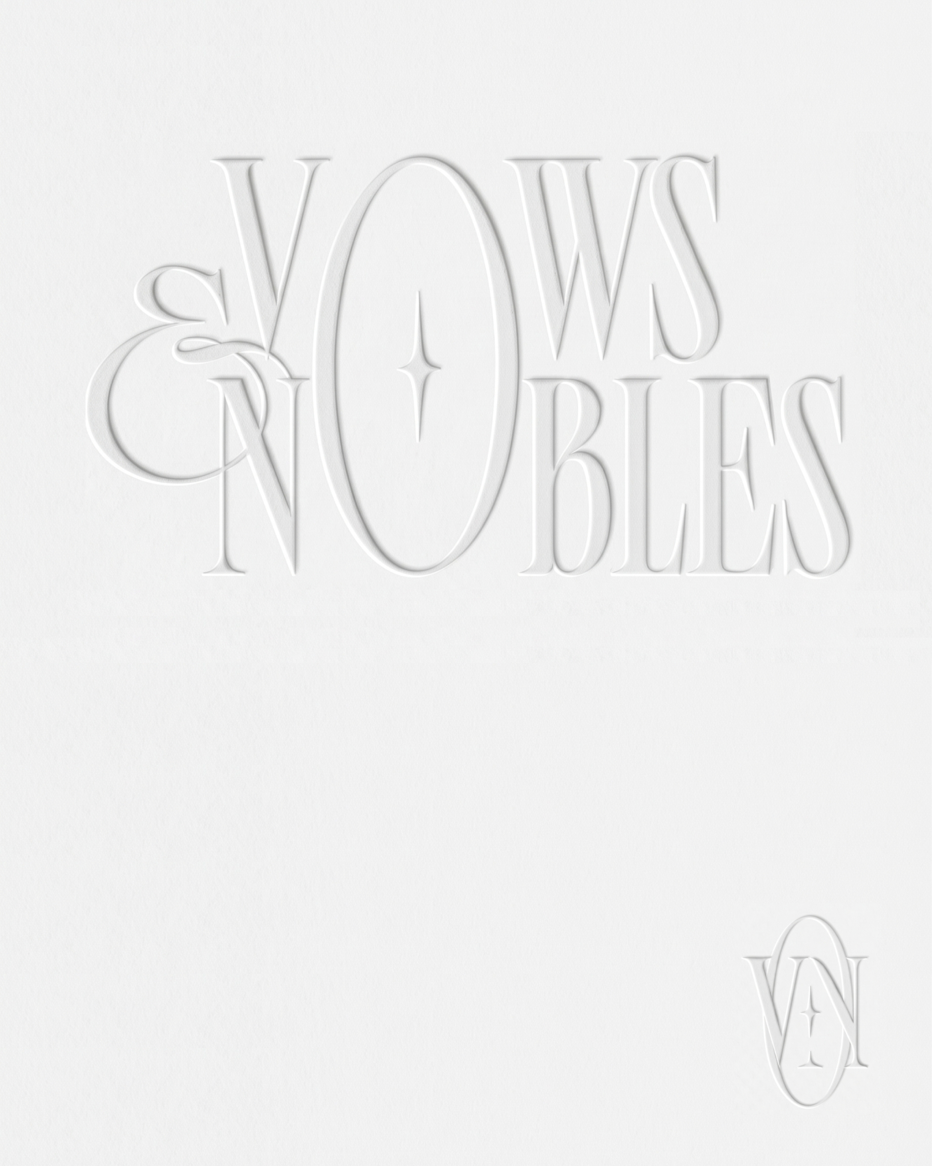 Vows & Nobles wordmark and VN monogram, blind-embossed on white paper